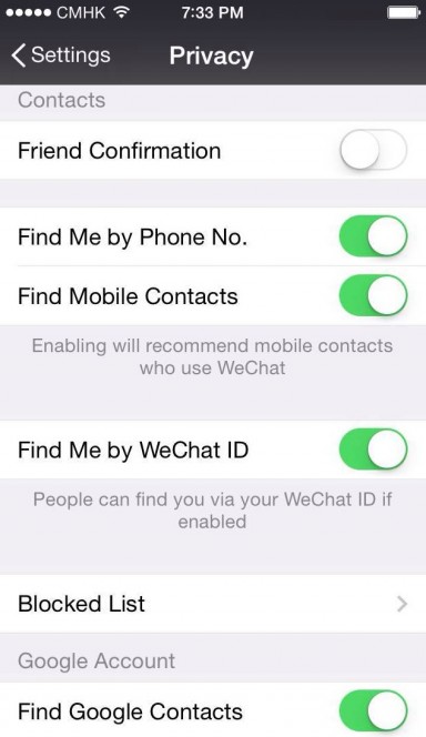 WeChat Privacy Tab